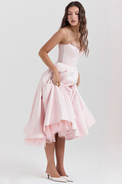 Pale pink corset midi dress with thin straps and high-low tulle skirt