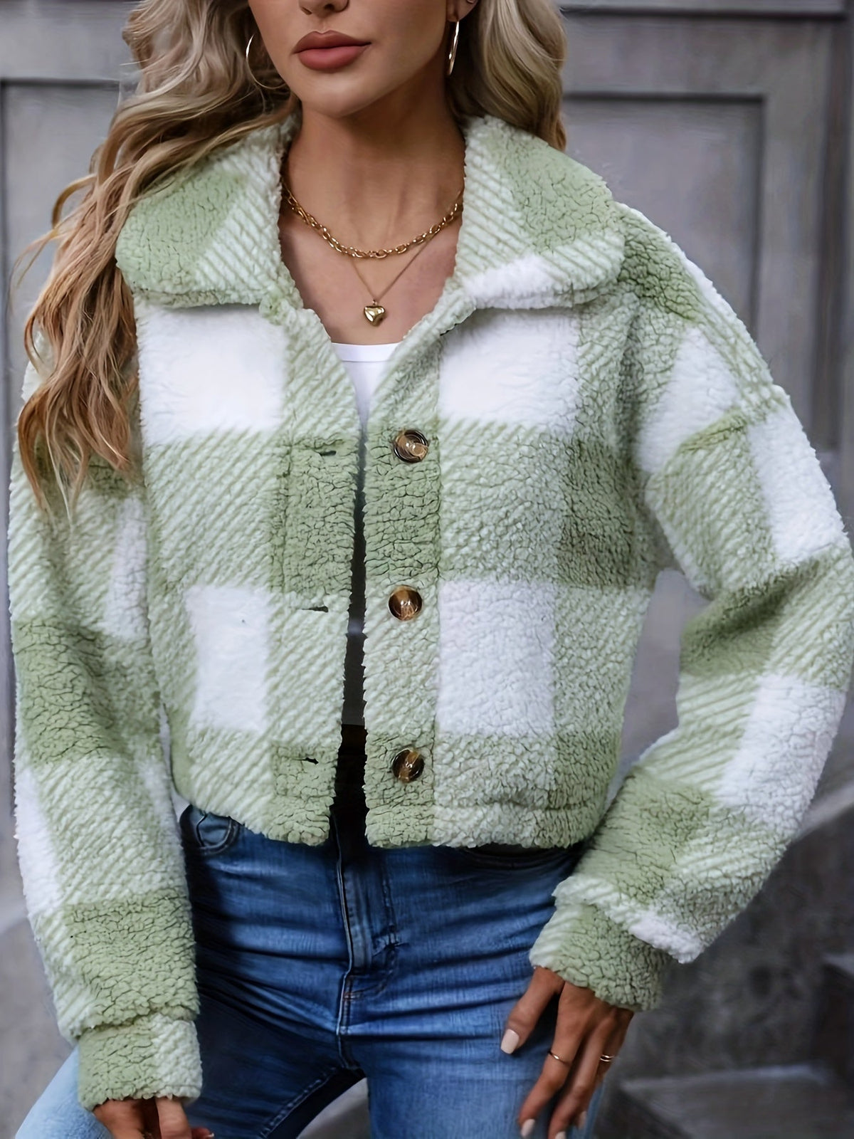 Fariha Cropped Plaid Jacket - Sage Green Plaid