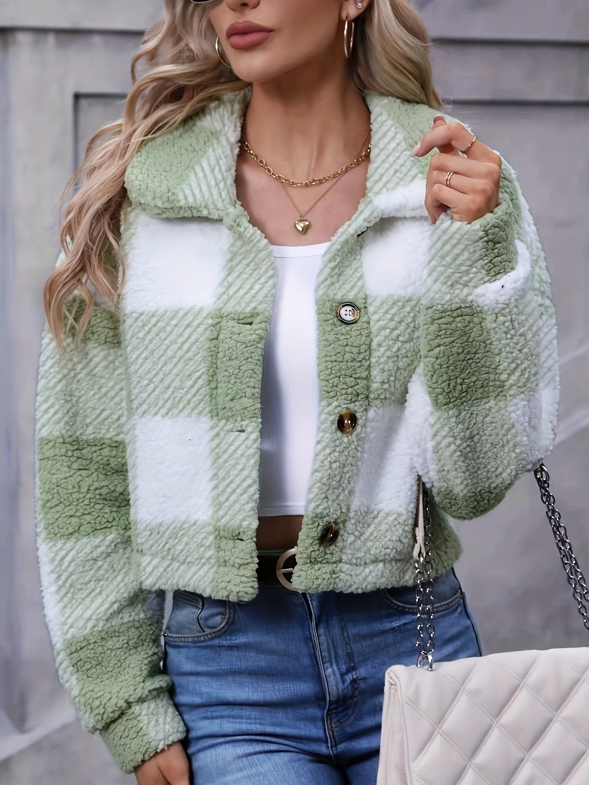 Fariha Cropped Plaid Jacket - Sage Green Plaid