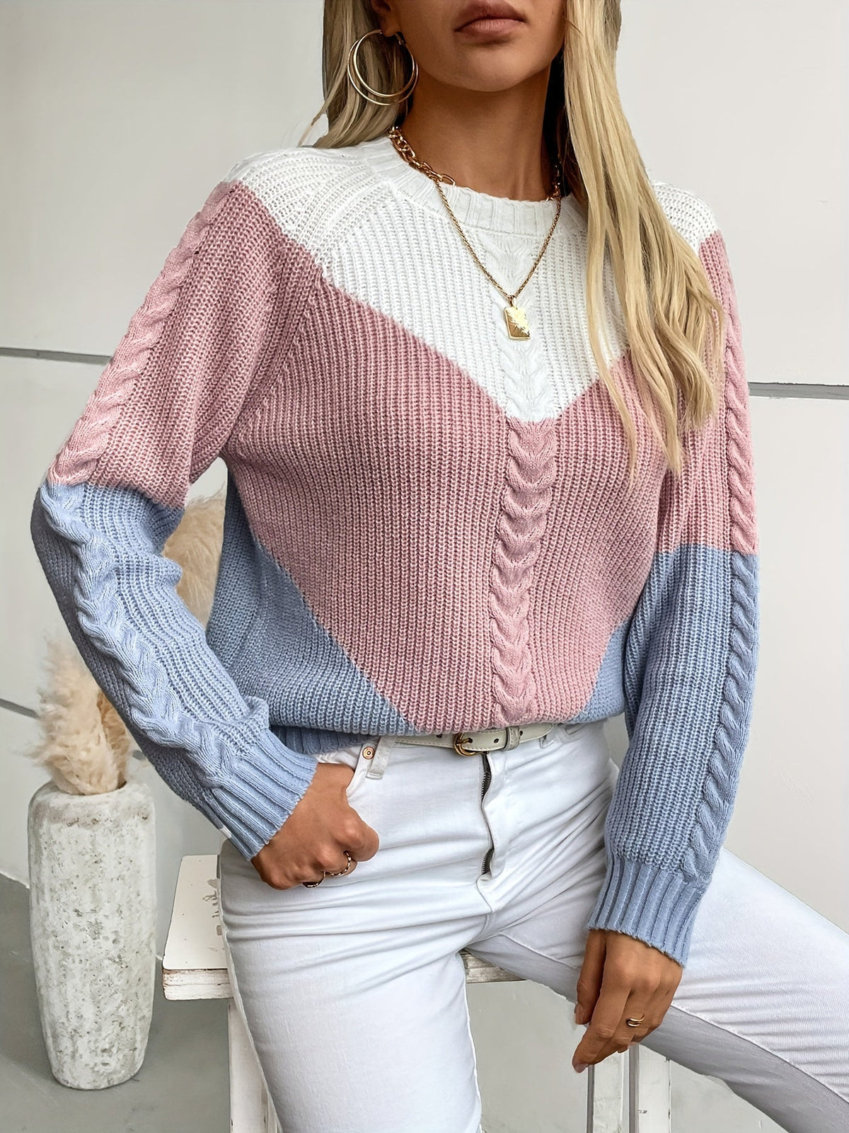Filomena Colorblock Knit Sweater - Pink Colorblock