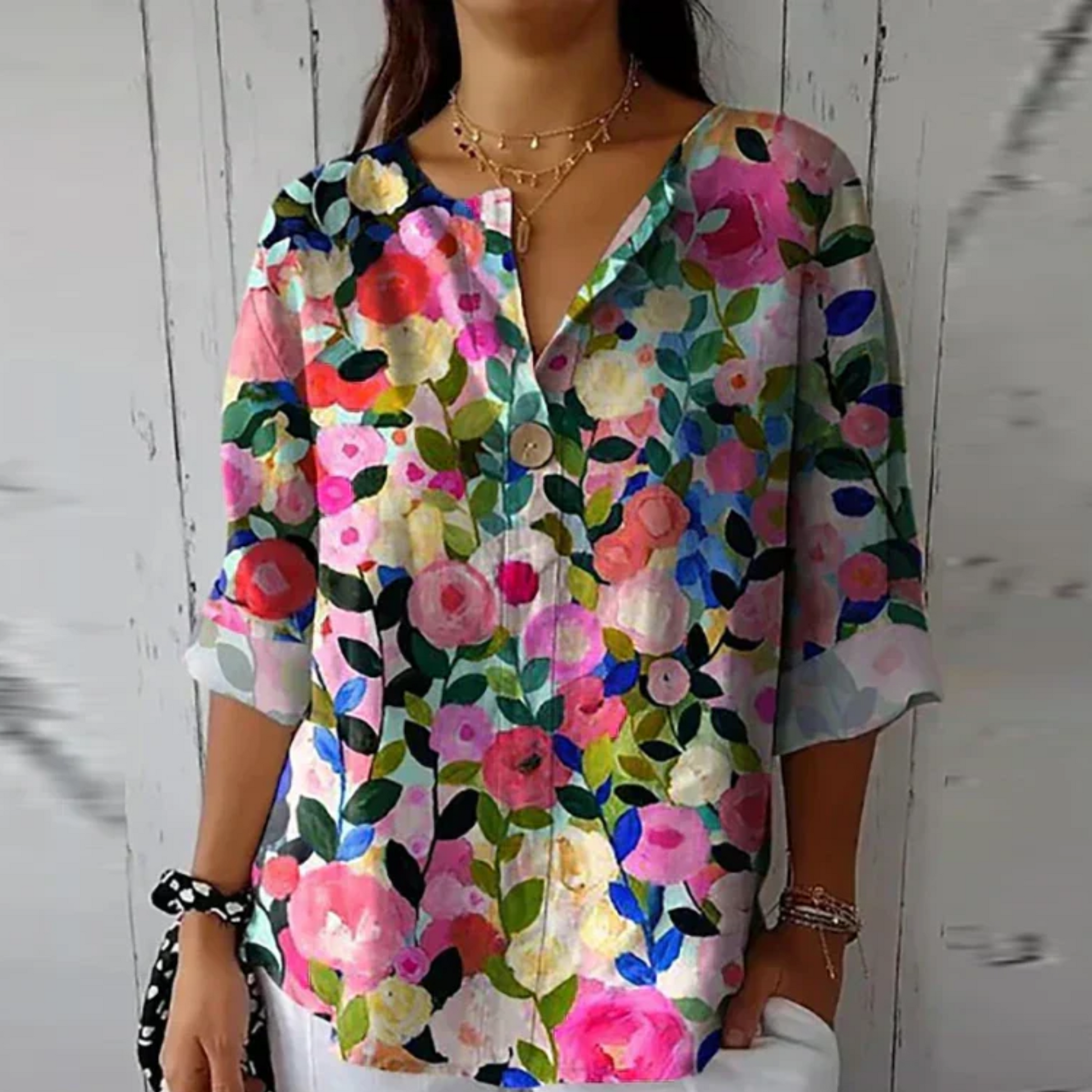 Sage green botanical floral 3/4 top with bird motif and delicate pink roses