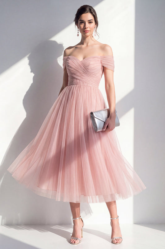 Finola Off-Shoulder Tulle Midi Dress - Dusty Rose