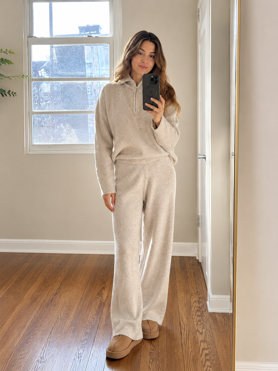Fiorella Wool-Blend Quarter-Zip Set - Oatmeal