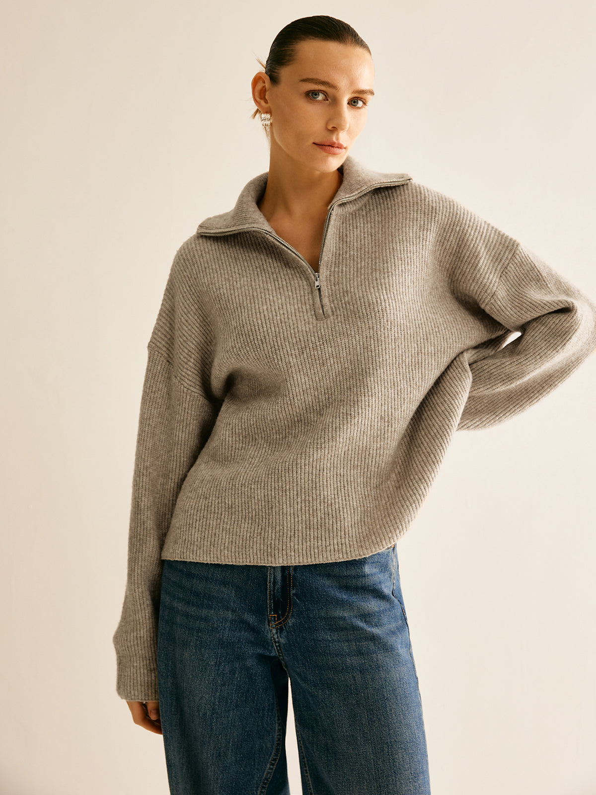 Fiorella Wool-Blend Quarter-Zip Set - Oatmeal