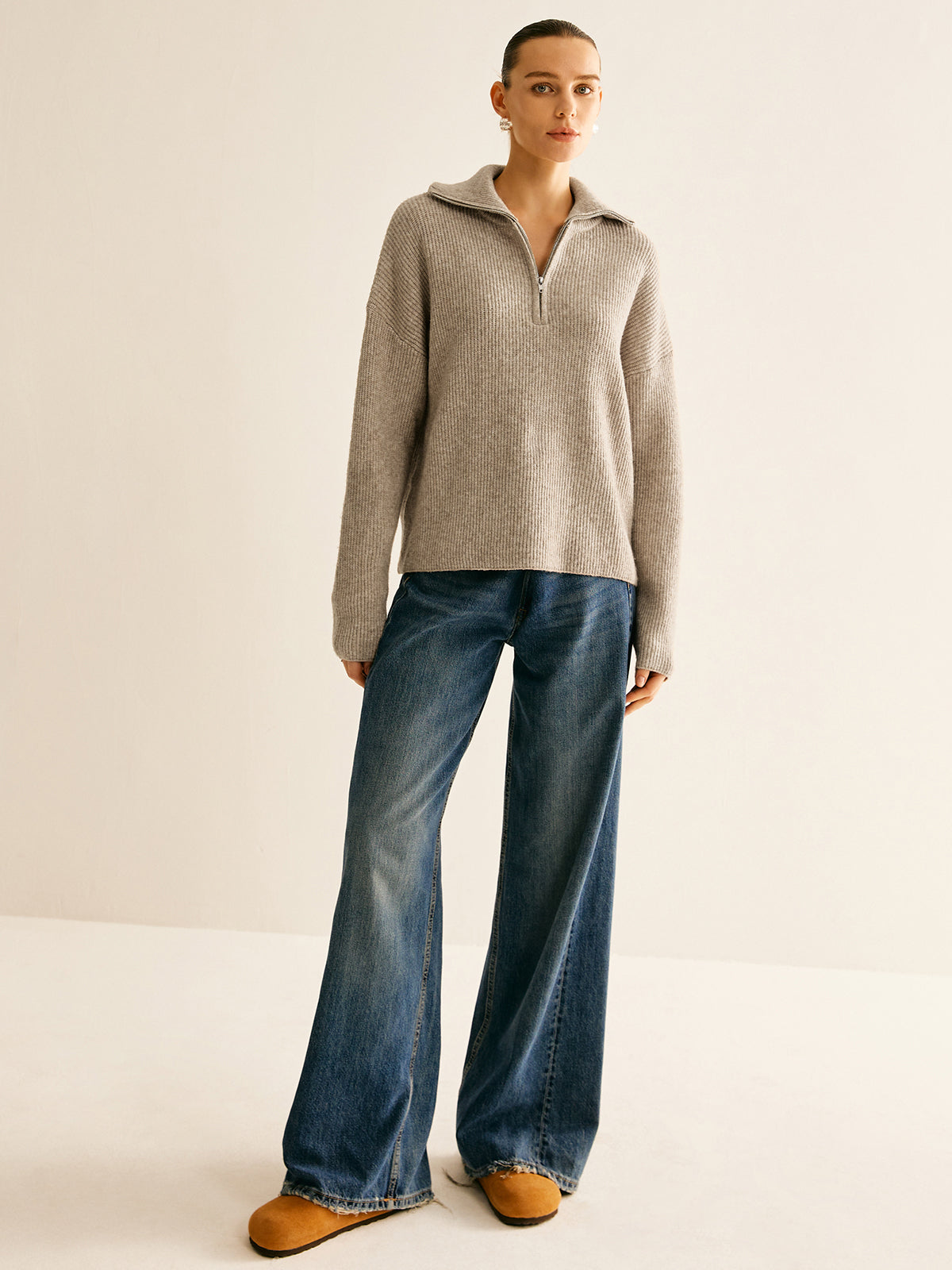 Fiorella Wool-Blend Quarter-Zip Set - Oatmeal