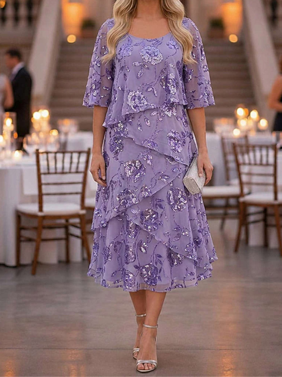 Florencia Tiered Floral Half Sleeve Midi Dress - Lavender Floral