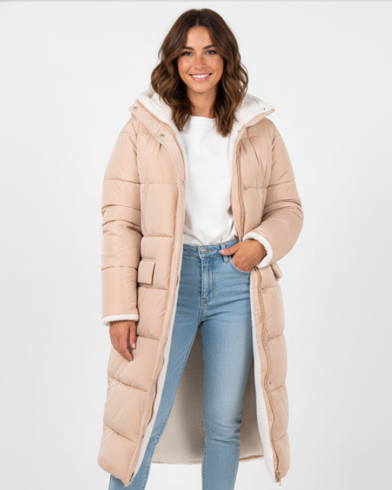 Florrie Sherpa-Lined Hooded Puffer Coat - Beige