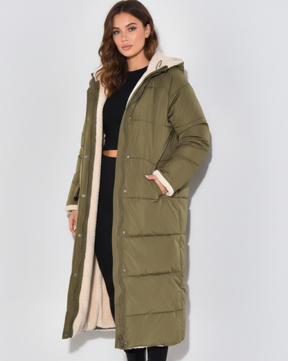 Florrie Sherpa-Lined Hooded Puffer Coat - Olive Green