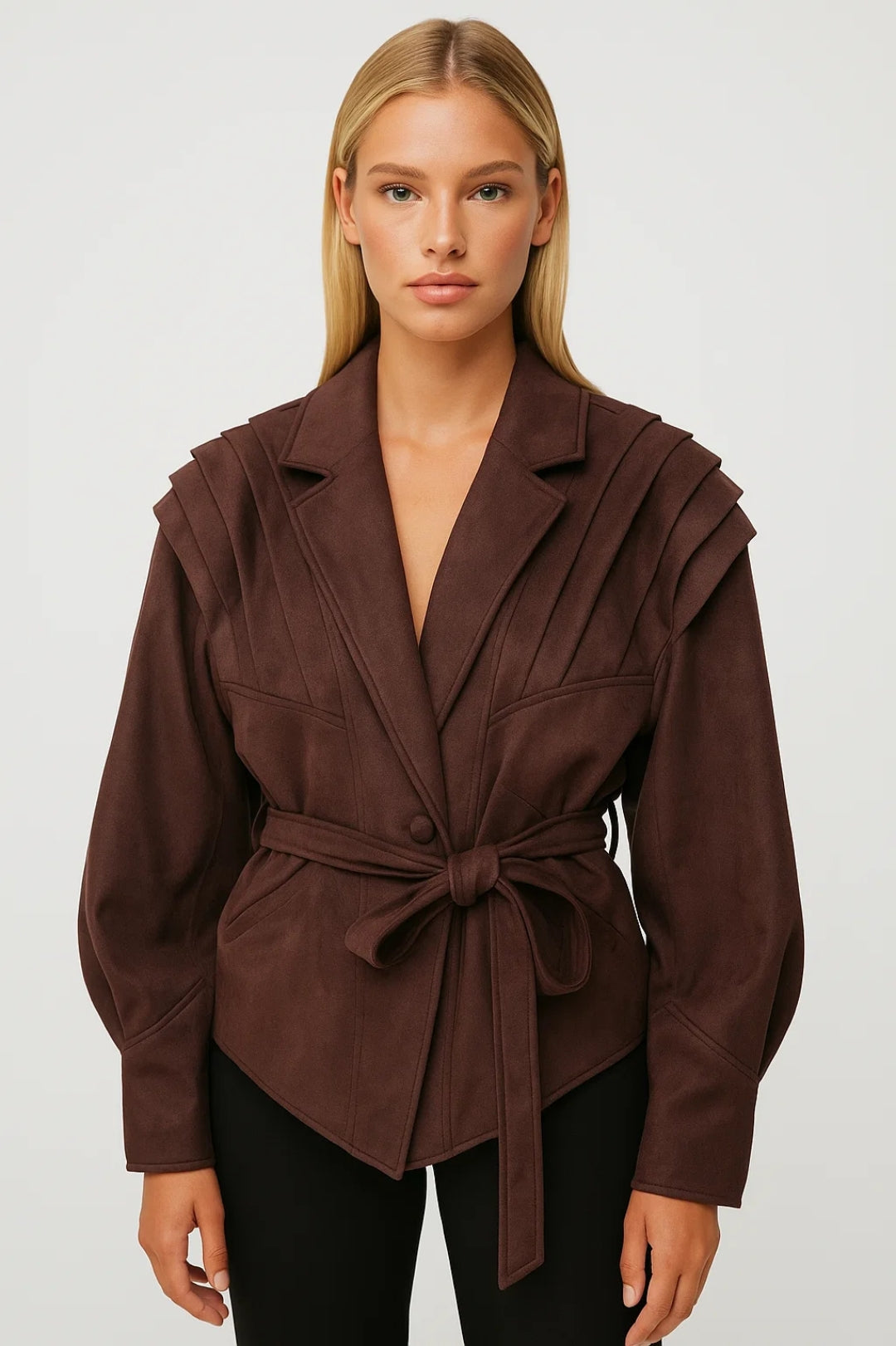Frederica Belted Pleated Shoulder Tailored Jacket
