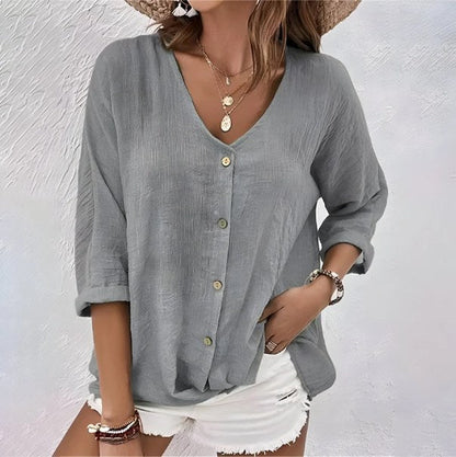 Freesia Relaxed V-Neck Button Blouse - Gray
