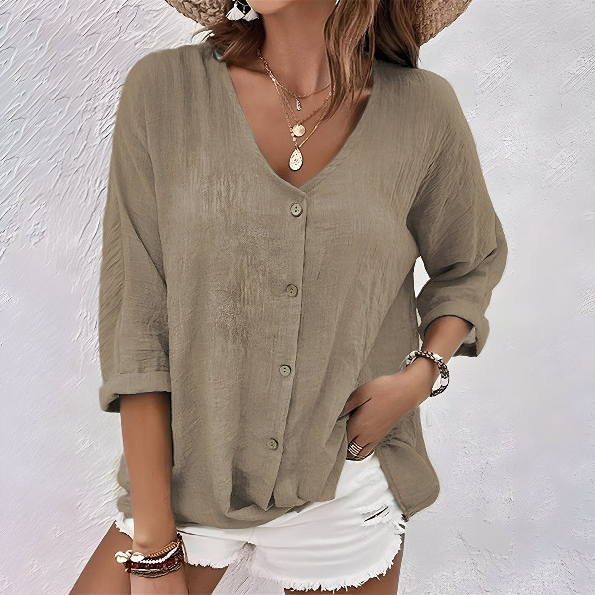 Freesia Relaxed V-Neck Button Blouse - Khaki