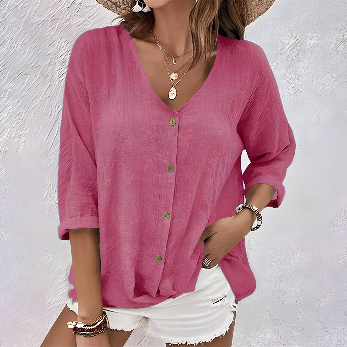Freesia Relaxed V-Neck Button Blouse - Raspberry Pink