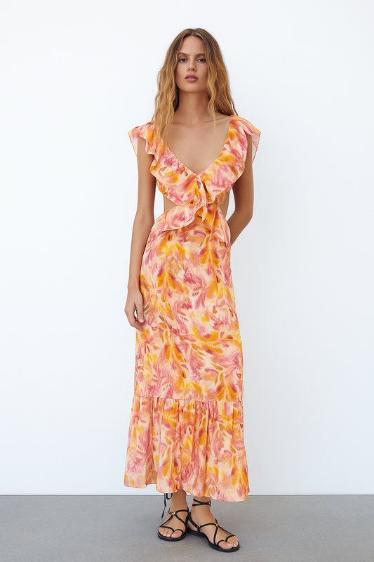 Pink floral ruffle V-neck maxi dress with tiered hem for women, front view