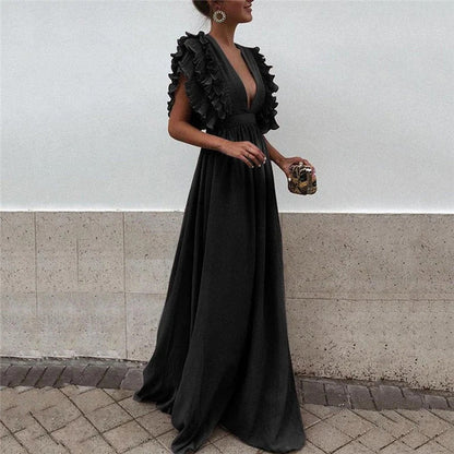 Black floor-length maxi dress with tiered ruffles and deep V neckline for women