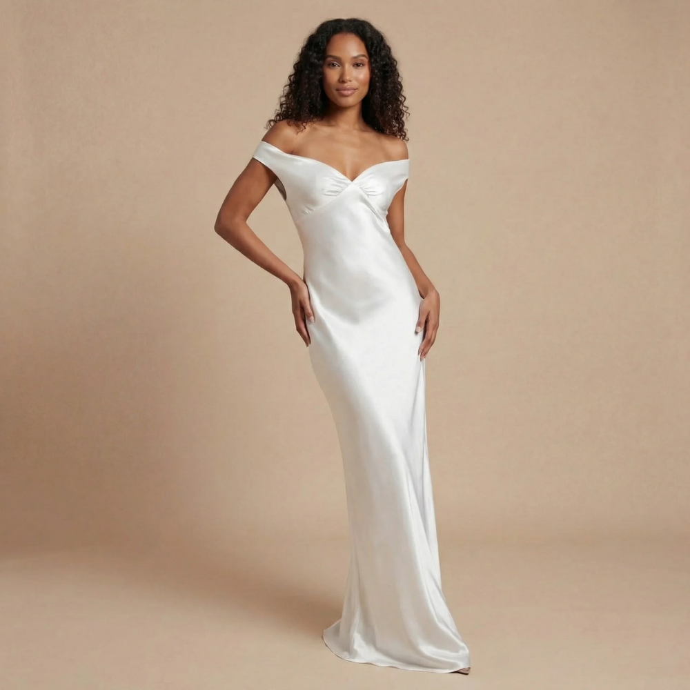 Women's Satin Ruched Off-Shoulder Maxi Dress – Amari The Label