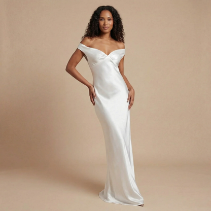 White satin off-shoulder maxi dress with ruched bust detail for women