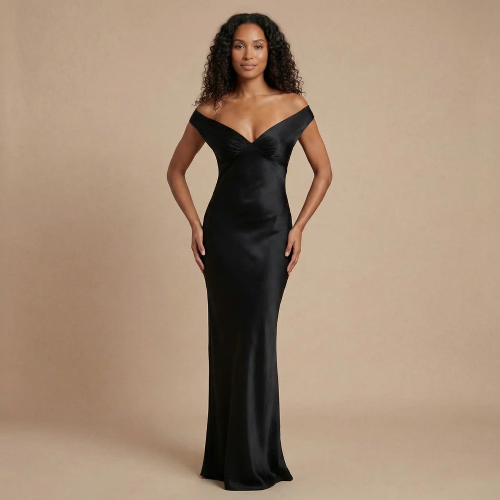 Women's Satin Ruched Off-Shoulder Maxi Dress – Amari The Label Women's Satin Ruched Off-Shoulder Maxi Dress – Amari The Label