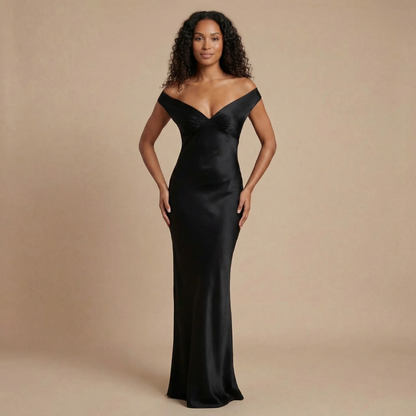 Black satin off-shoulder maxi dress with ruched bodice for formal events