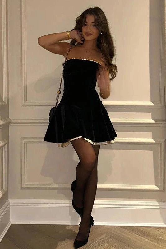 Galatea Strapless Contrast Trim Mini Dress - Black