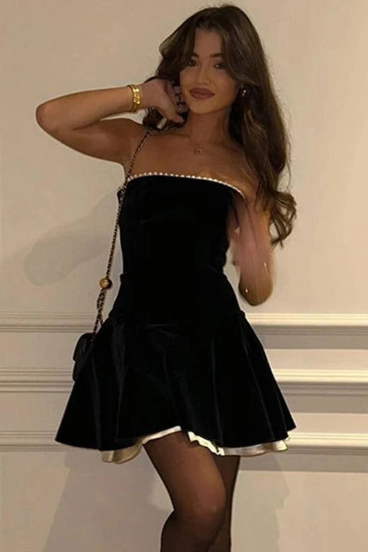 Galatea Strapless Contrast Trim Mini Dress - Black