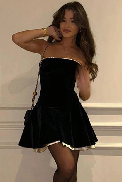 Galatea Strapless Contrast Trim Mini Dress - Black