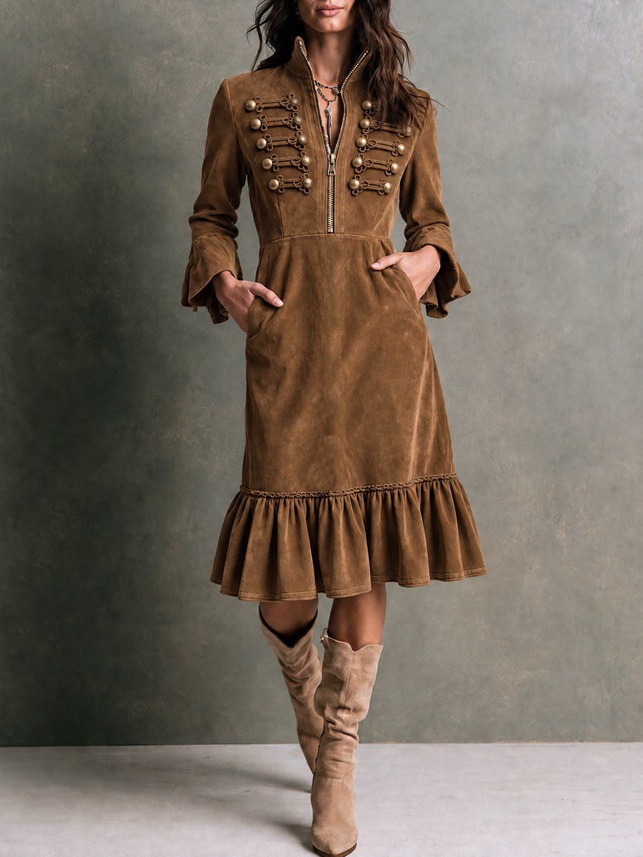 Galena Ruffle Hem Midi Dress - Chestnut Brown