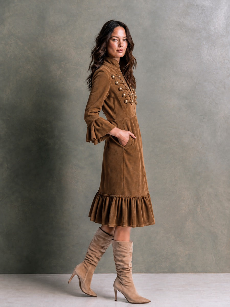Galena Ruffle Hem Midi Dress - Chestnut Brown