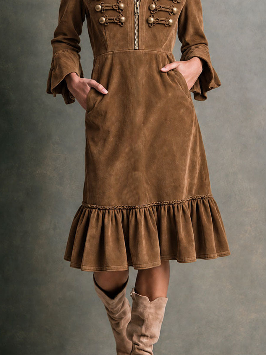 Galena Ruffle Hem Midi Dress - Chestnut Brown