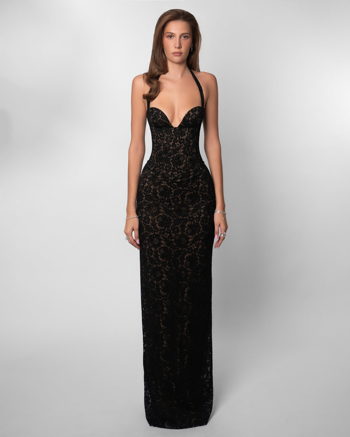Garnet Lace Halter Corset Maxi Dress - Black