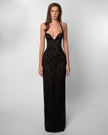 Garnet Lace Halter Corset Maxi Dress - Black