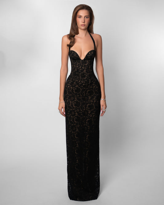Garnet Lace Halter Corset Maxi Dress - Black