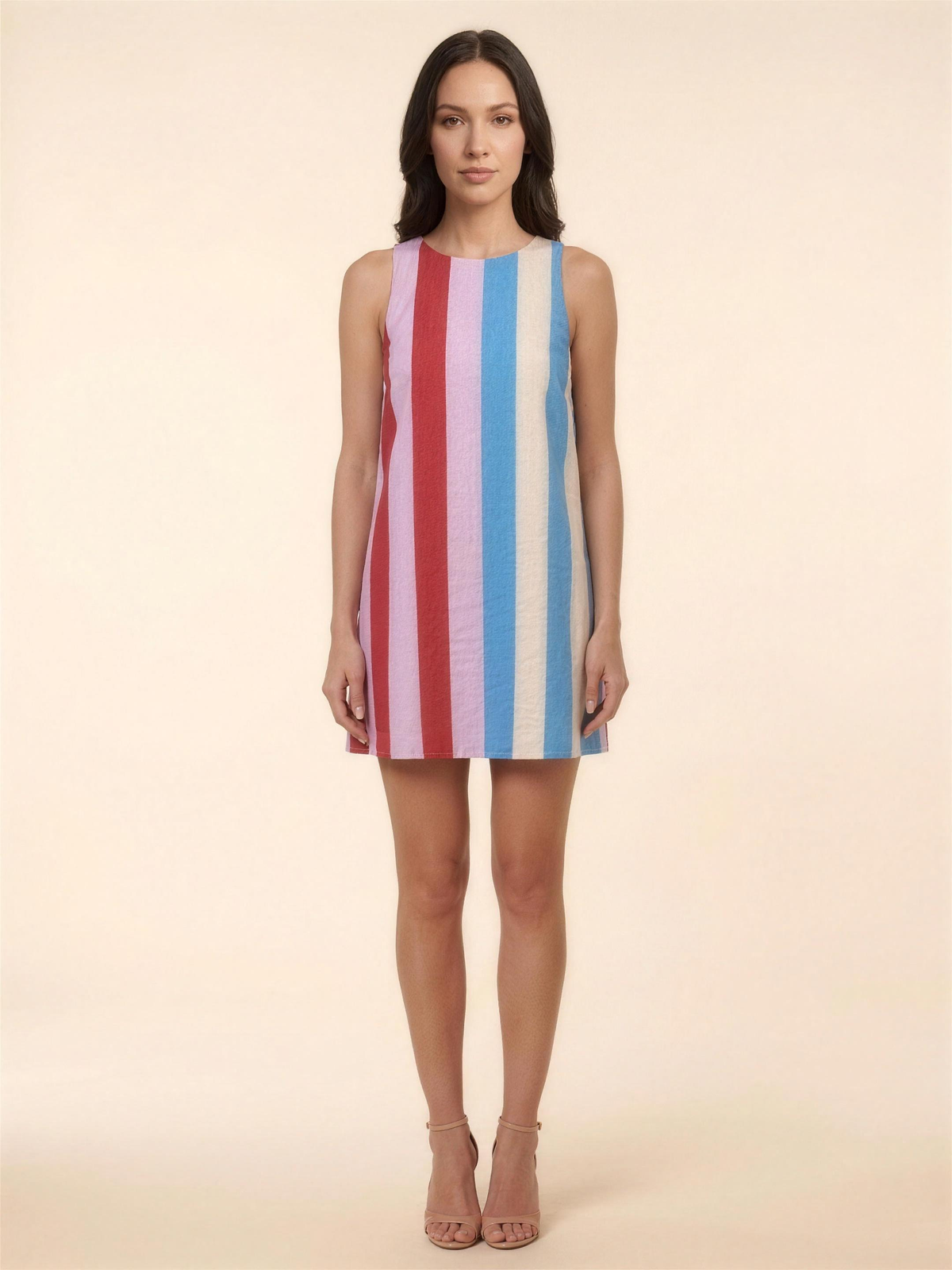 Gelsey Sleeveless A-Line Shift Mini Dress - Blue and Red Stripe