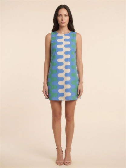 Gelsey Sleeveless A-Line Shift Mini Dress - Blue Wave Print