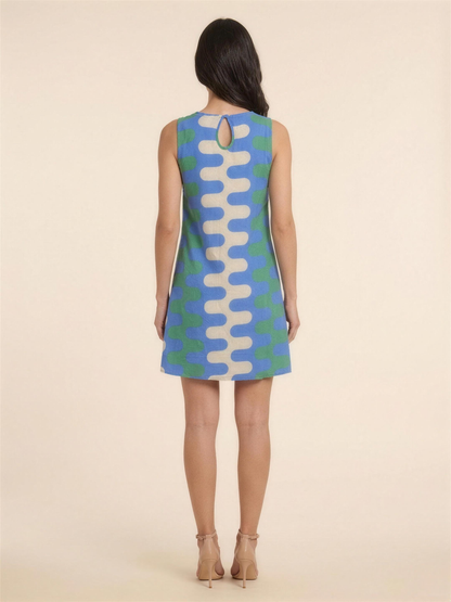 Gelsey Sleeveless A-Line Shift Mini Dress - Blue Wave Print