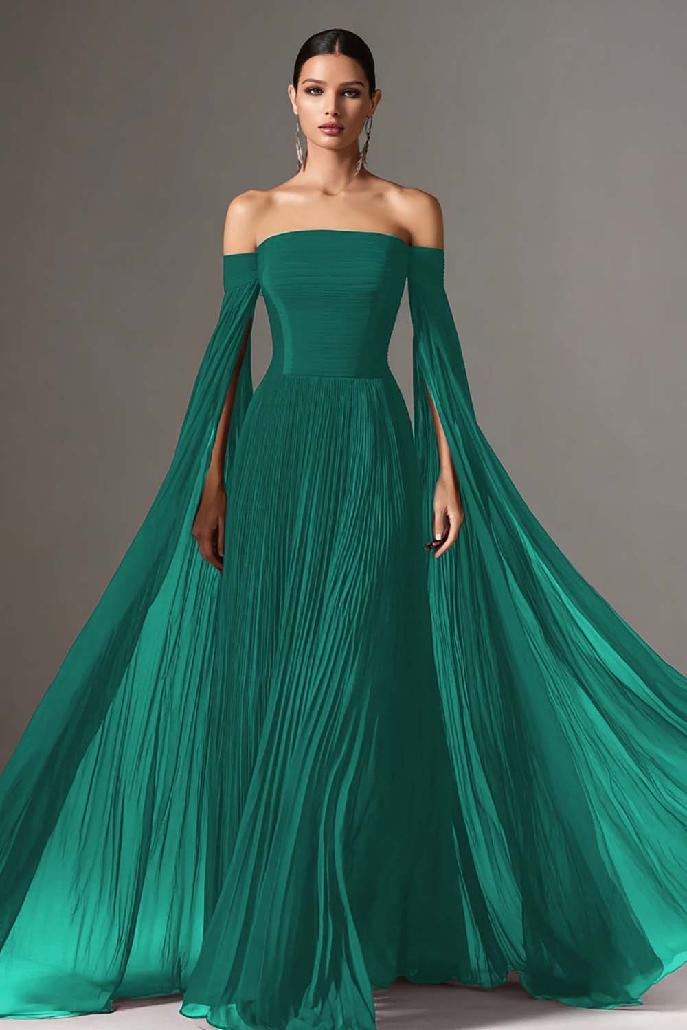 Geneva Off Shoulder Cape Sleeve Chiffon Gown - Emerald Green
