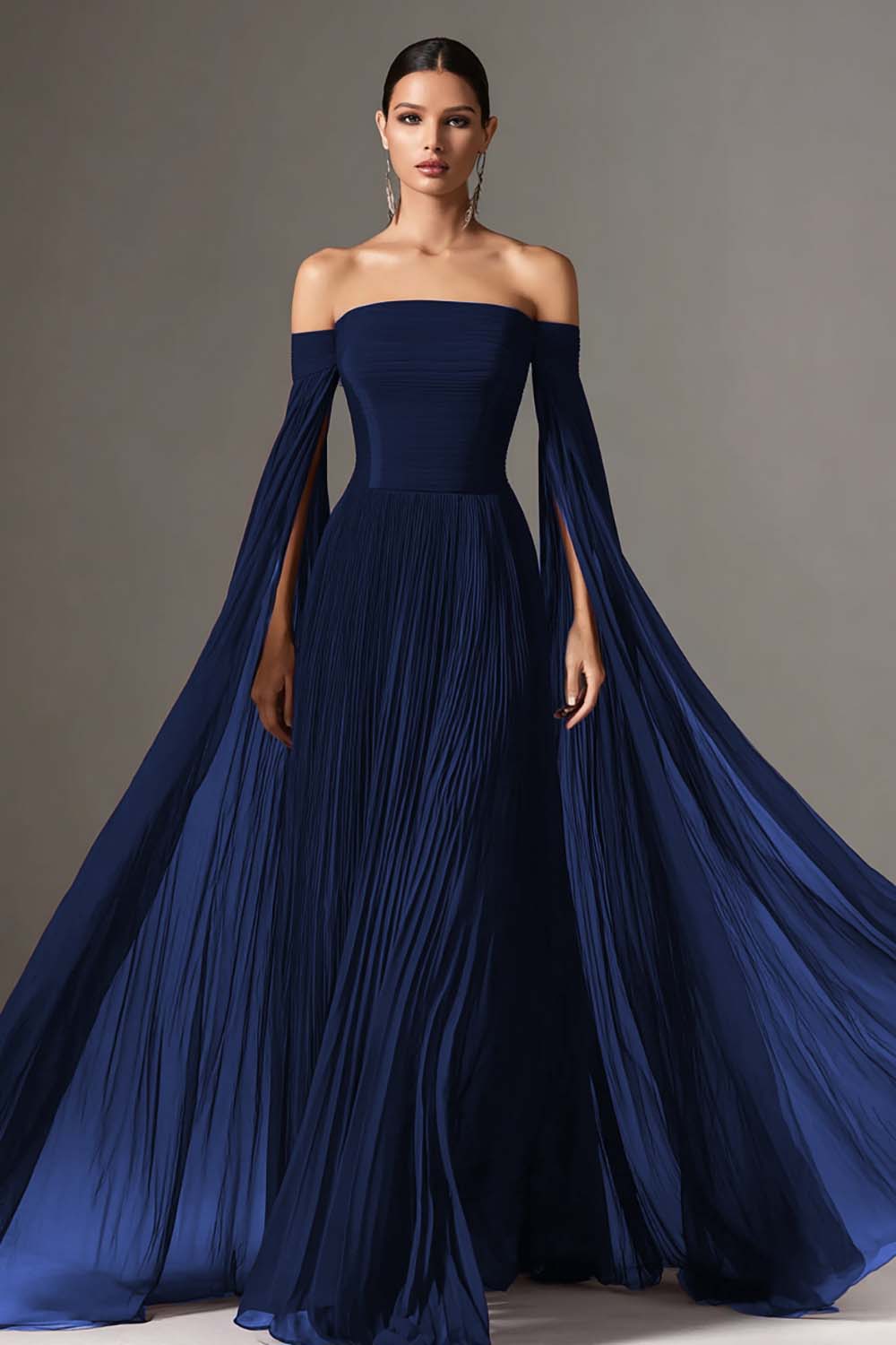 Geneva Off Shoulder Cape Sleeve Chiffon Gown - Navy Blue