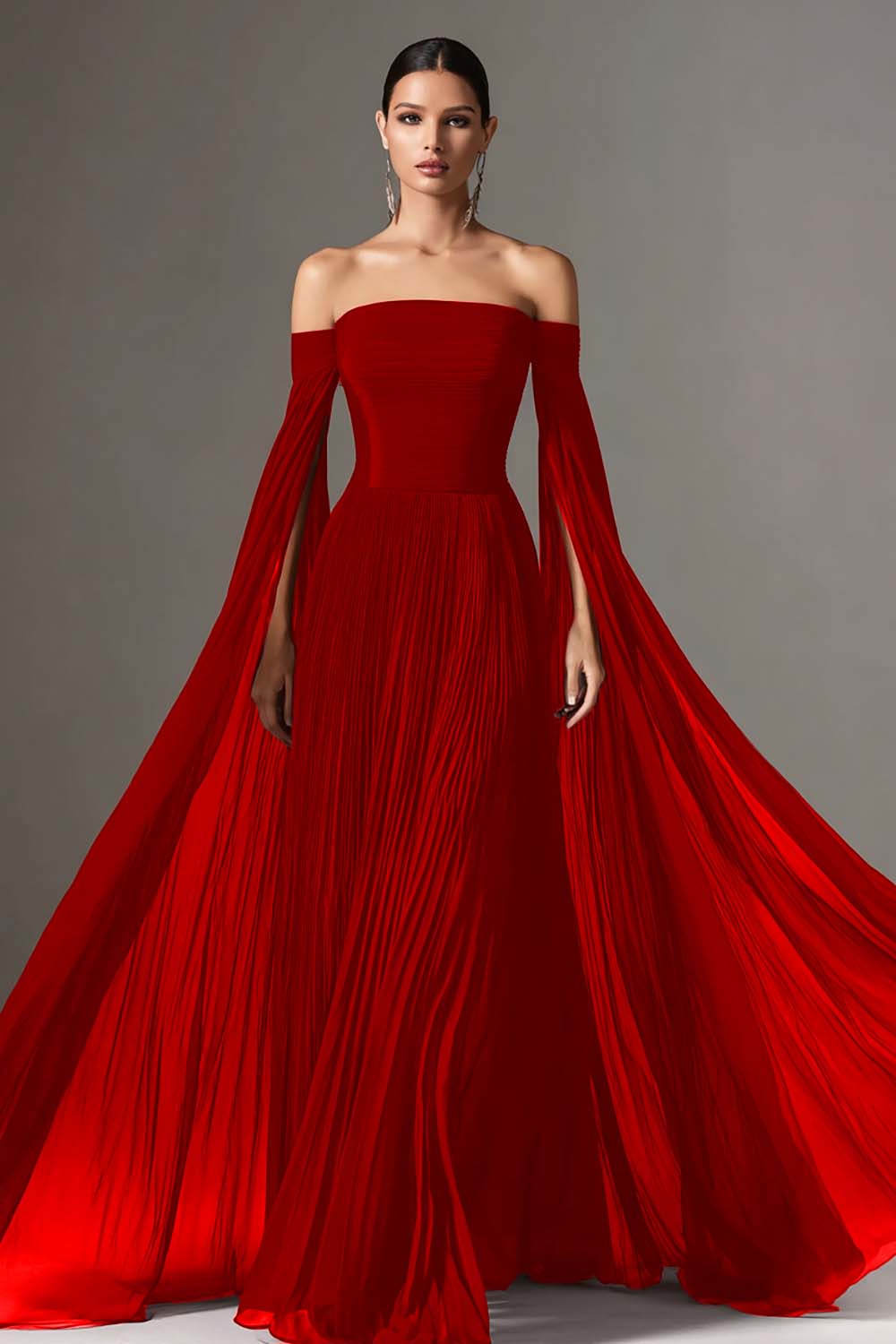 Geneva Off Shoulder Cape Sleeve Chiffon Gown - Red