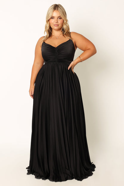 Genna Ruched V-Neck Pleat Maxi Dress - Black