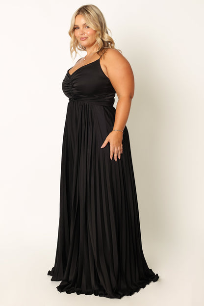 Genna Ruched V-Neck Pleat Maxi Dress - Black