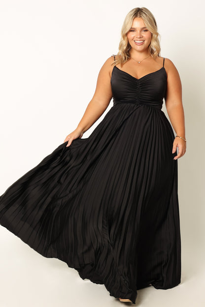 Genna Ruched V-Neck Pleat Maxi Dress - Black