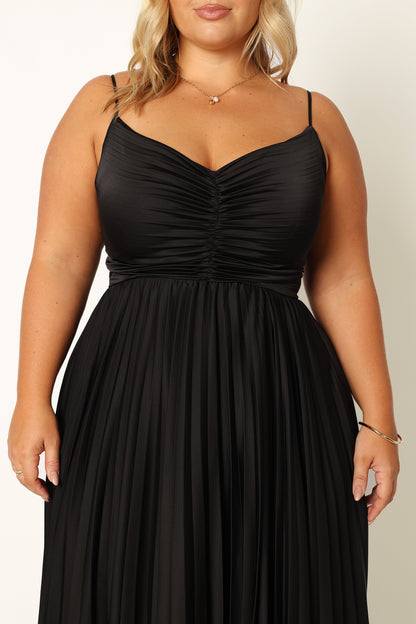 Genna Ruched V-Neck Pleat Maxi Dress - Black