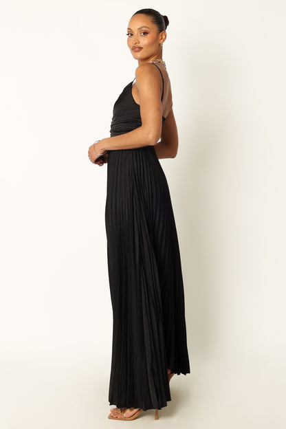 Genna Ruched V-Neck Pleat Maxi Dress - Black