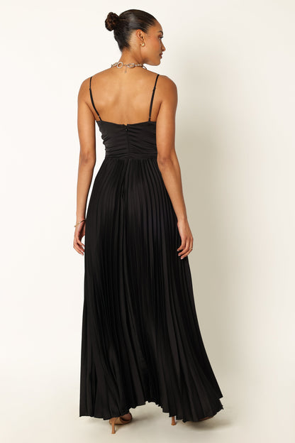 Genna Ruched V-Neck Pleat Maxi Dress - Black