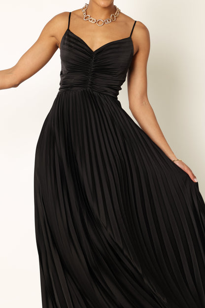 Genna Ruched V-Neck Pleat Maxi Dress - Black