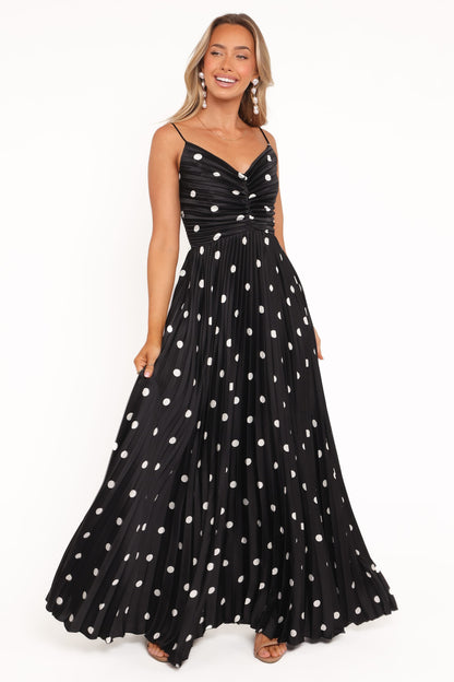Genna Ruched V-Neck Pleat Maxi Dress - Black Polka Dot