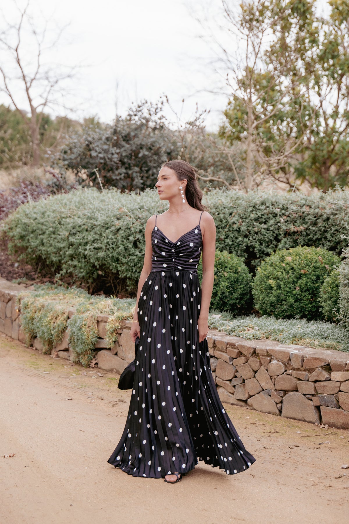 Genna Ruched V-Neck Pleat Maxi Dress - Black Polka Dot