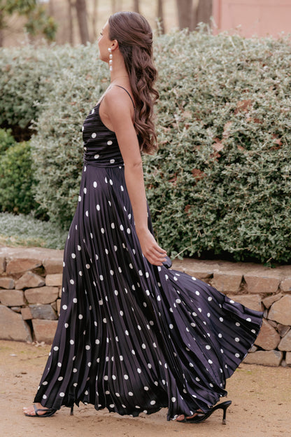 Genna Ruched V-Neck Pleat Maxi Dress - Black Polka Dot