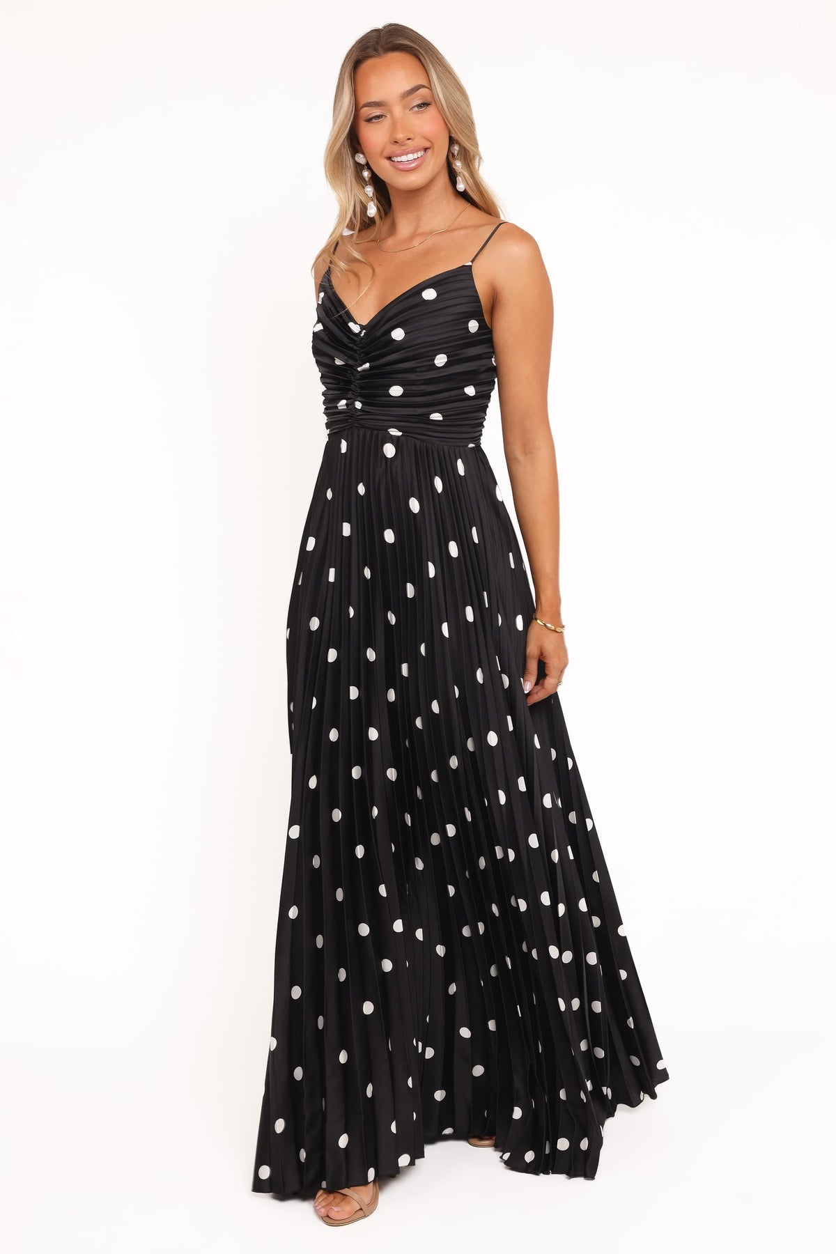 Genna Ruched V-Neck Pleat Maxi Dress - Black Polka Dot