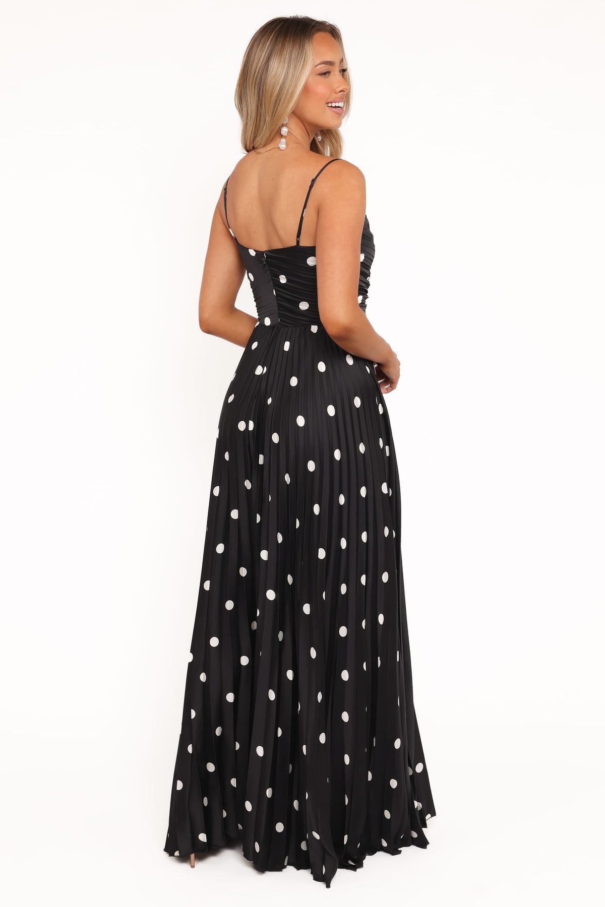 Genna Ruched V-Neck Pleat Maxi Dress - Black Polka Dot