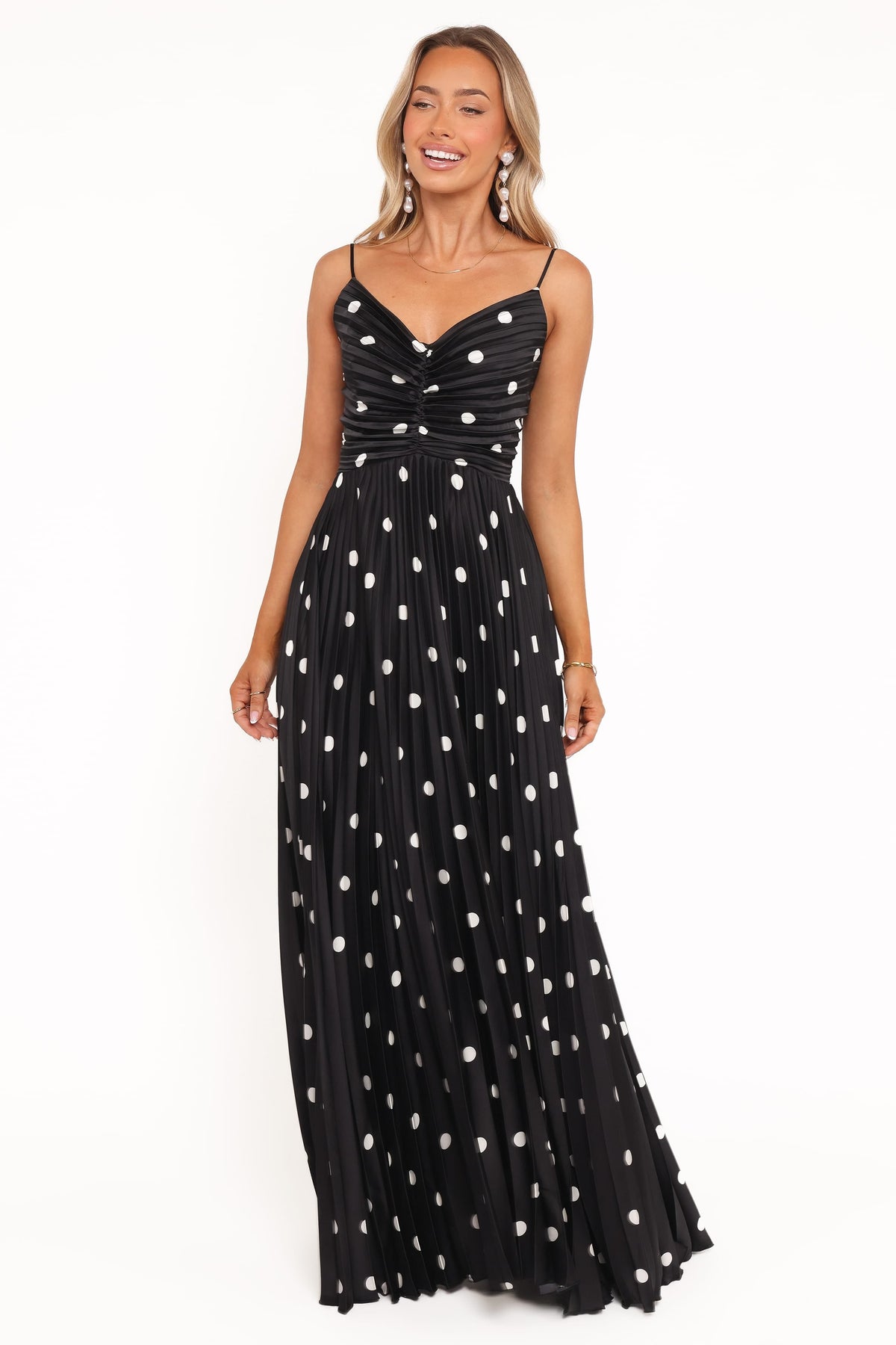 Genna Ruched V-Neck Pleat Maxi Dress - Black Polka Dot